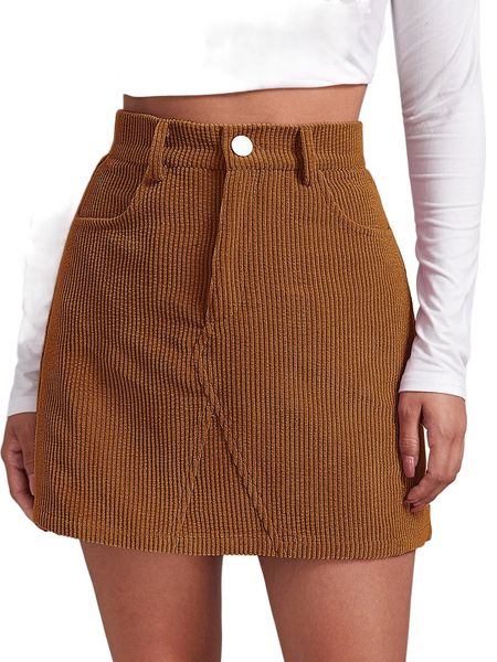 

buttoned front cord skirt h8ye#, Black