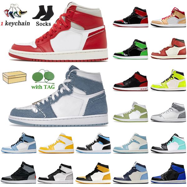

2022 women mens jumpman 1 denim newstalgia chenille 1s basketball shoes high og sneakers patent bred cactus jack obsidian unc dark mocha vis