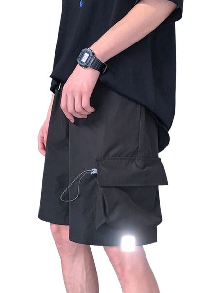 

men reflective detail drawstring flap pocket shorts i4l0#, White;black