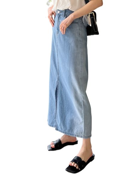 

dazy-less slant pockets split front denim skirt r2rg#, Black