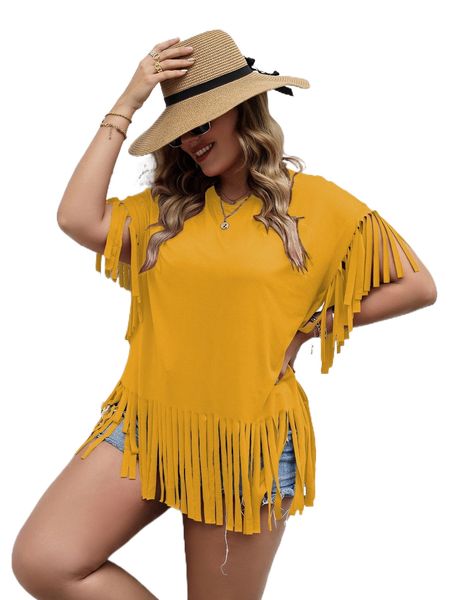 

plus fringe hem solid tee r3g4#, Black