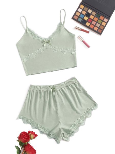 

contrast lace cami pajama set 16mx#, Black;red