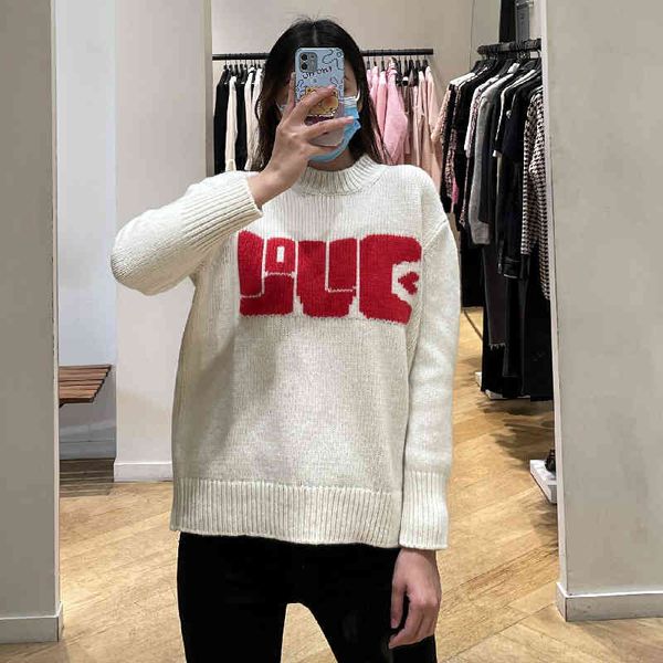 

women's knits tees autumn winter women's love jacquard rib hem knit pullover top, White