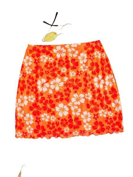 

floral print lettuce trim mesh skirt b1zp#, Black