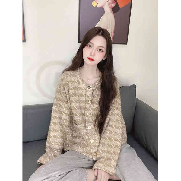 

women's knits & tees s family autumn and winter women's wear golden luster tweed knitted short coat, White