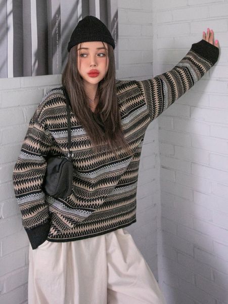 

dazy chevron & stripe pattern drop shoulder sweater w3l2#, White;black