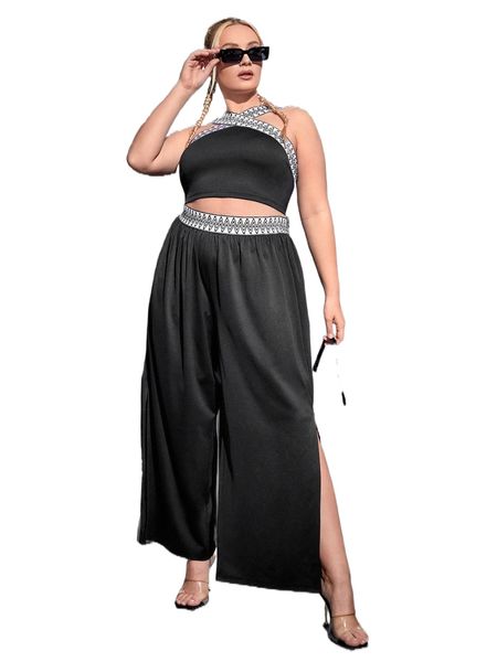 

plus contrast chevron tape halter & slit hem wide leg pants c8pe#, Black