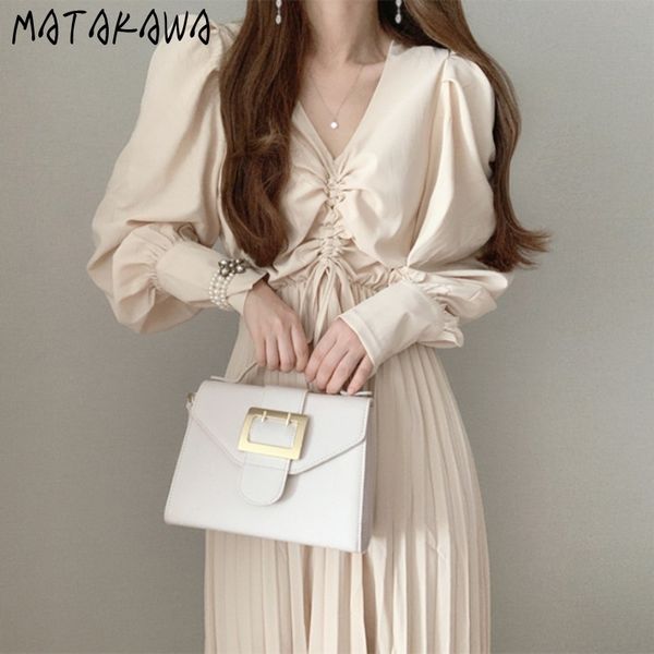 

slim waist pleated long femme robe korean chic draped vneck solid color woman dress lantern sleeve vestidos 210506, Black;gray