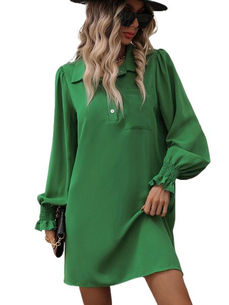 

button front shirred flounce sleeve dress m04a#, Black;gray