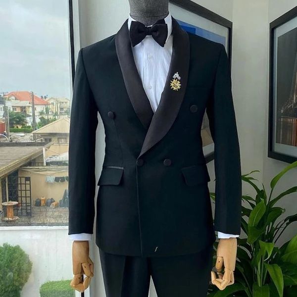 

black wedding tuxedo for groomsmen with double breasted men suits slim fit jacket pants 2 piece formal male fashion costumes, Black;gray