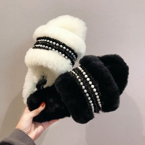 

2022 women c luxury designers fur slippers tweed furry slides paris fashion fluffy platform pearl flats non slip casual slip on shoes girls, Black