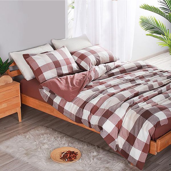 Set di biancheria da letto Set piumone e piumino 4 pezzi Cotone prelavato 100% motivo a quadri classico Lenzuola super morbide per la pelle Tipo piatto Biancheria da letto