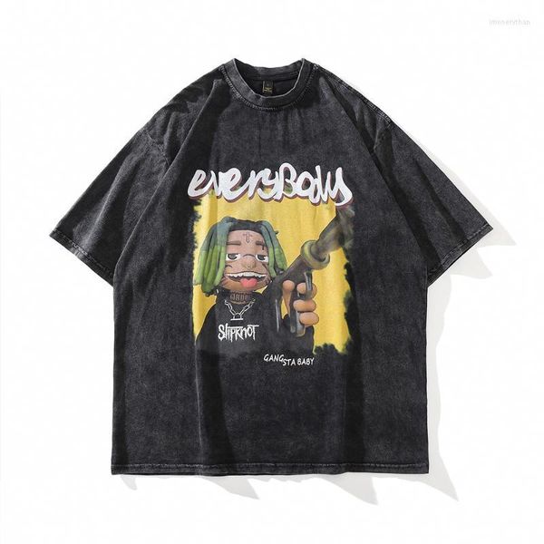

men's t shirts cartoon anime graphic shirt oversized harajuku hip hop vintage washed tshirts for men retro cotton streetwear t-shirtm, White;black