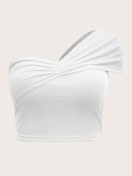 

plus one shoulder ruched crop g01a#, Black