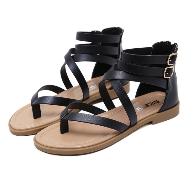 

slope heel leather sandals for women plus size roman 2022 new high heels sandals summer shoes for woman black brown ivory size 4-11