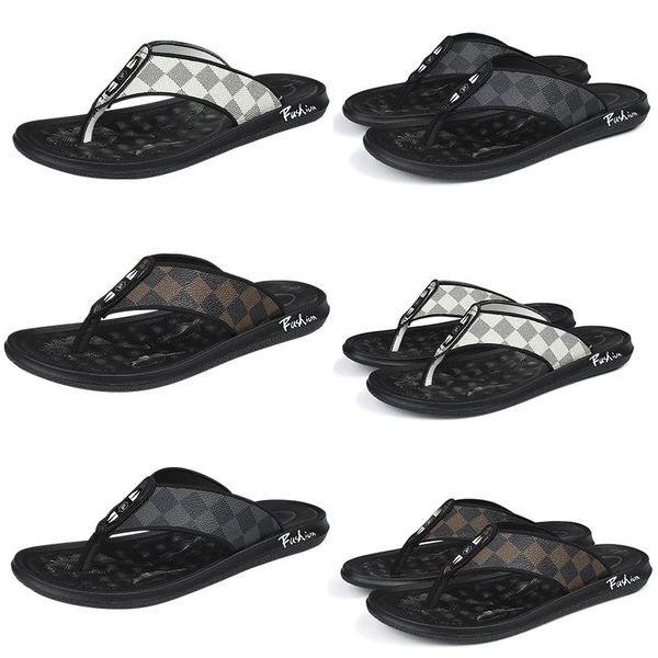 

luxury checkered pattern slippers designer mens non-slip genuine leather slides sandals summer beach casual flip flops, Black