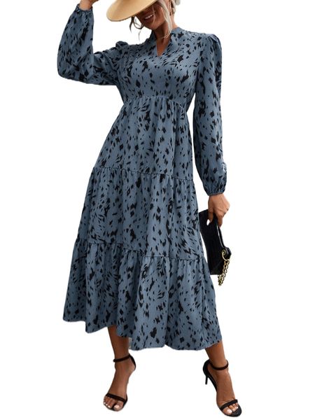 

allover print puff sleeve ruffle hem dress o4ei#, Black;gray