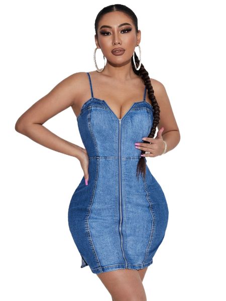 

sxy two tone zip front split hem denim dress m0ni#, Black;gray