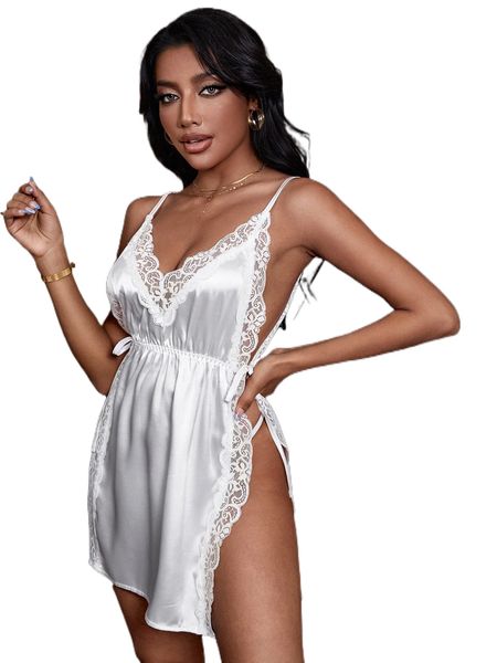 

lace trim knot side split hem satin cami nightdress f22e#, Black;red