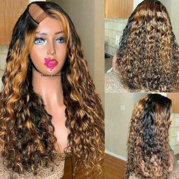 

glueless highlight blonde u part wigs 100% human hair virgin unprocessed 250density water curl auburn brown v shape full machine, Black