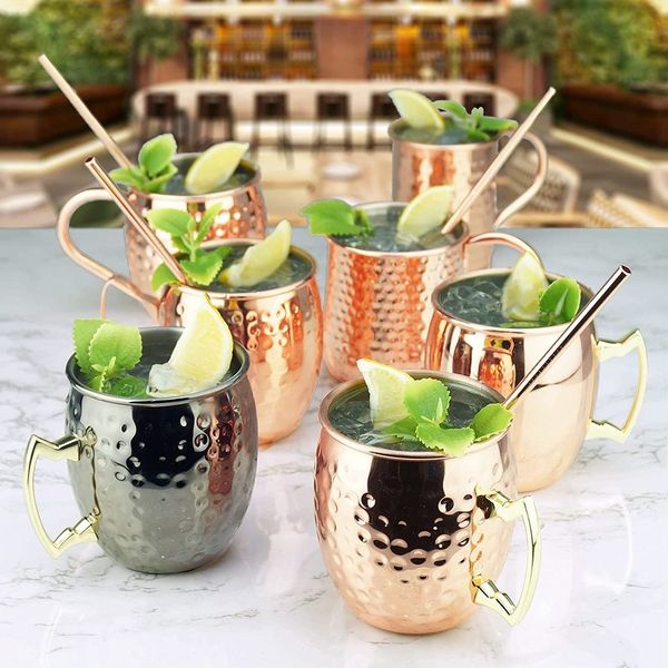 Tazze Moscow Mule di grandi dimensioni 19 once 530 ml Tazze martellate Fodera in acciaio inossidabile Placcatura in rame puro Manici in ottone dorato 3,7 pollici di diametro x 4 pollici di altezza F0630