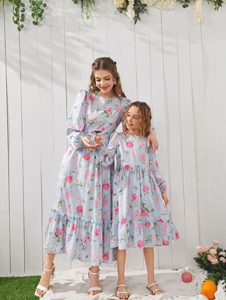 

floral print lantern sleeve ruffle hem dress a6so#, Black;gray