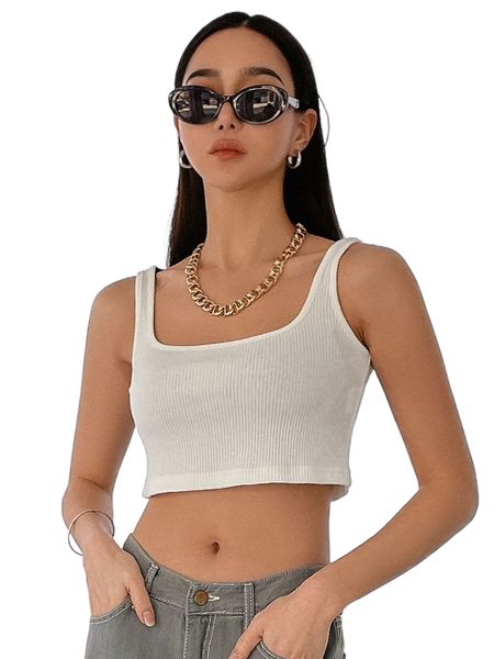 

dazy rib knit square neck crop tank 86vc#, White
