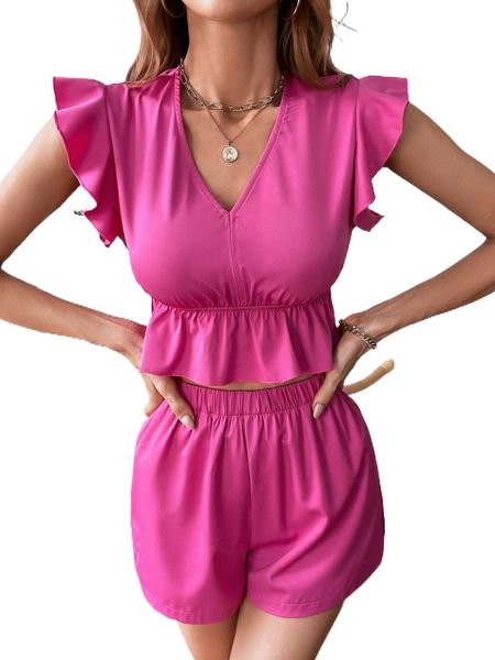 

ruffle sleeve peplum crop & shorts 97d3#, White