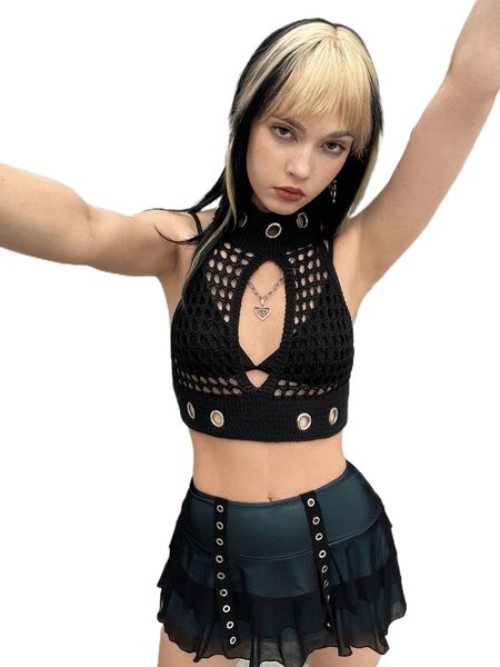

hollow out grommet detail backless knot halter knit without bra m1qc#, White;black