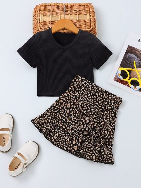 

toddler girls solid tee & leopard print knot ruffle hem skirt she01, White