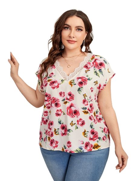 

plus floral print eyelash lace trim batwing sleeve blouse f7up#, Black