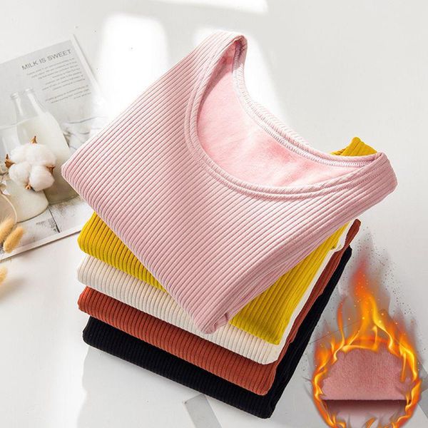 

velvet thickened thermal underwear womens winter self-heating round neck t-shirt slim, Black;pink