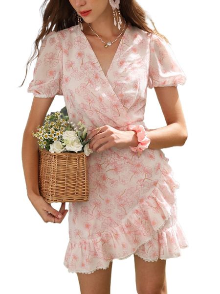 

allover floral print puff sleeve ruffle hem dress y411#, Black;gray
