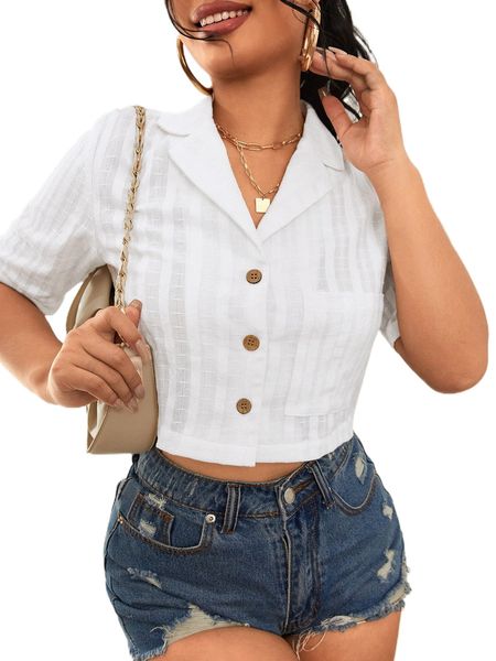 

lapel neck pocket patched crop blouse j8dj#, White