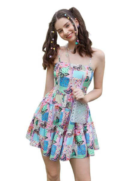 

mod patchwork print frilled layered hem cami dress z5dy#, Black;gray