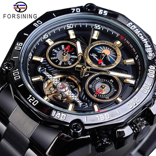 

cwp forsining classic black mens mechanical watches tourbillon hollow skeleton self-wind date moonphase steel belts automatic watc189y, Slivery;brown