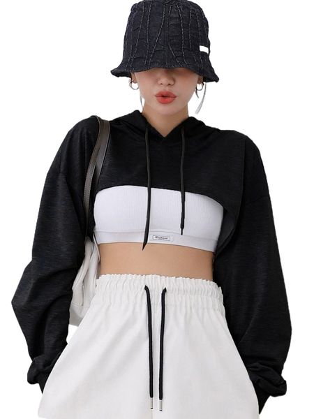 

dazy solid high low hem drawstring hoodie without tank o3ti#, Black