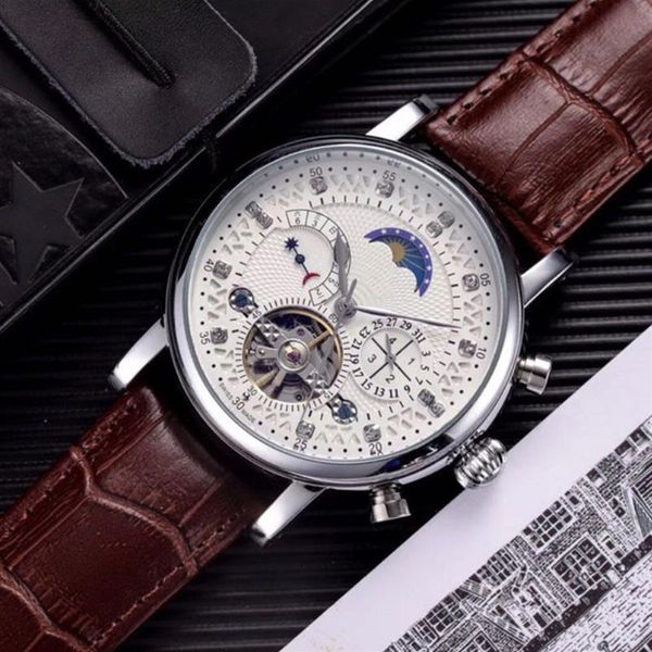 

fast ship swiss watch leather tourbillon watch automatic men wristwatch men mechanical steel watches relogio masculino clock ph33194k, Slivery;brown