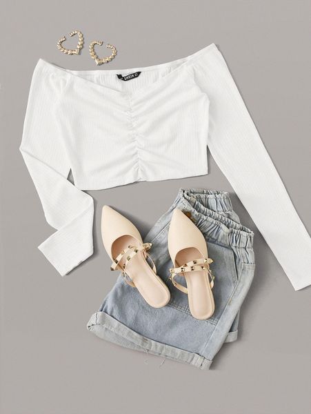 

ruched detail bardot crop 17hl#, White