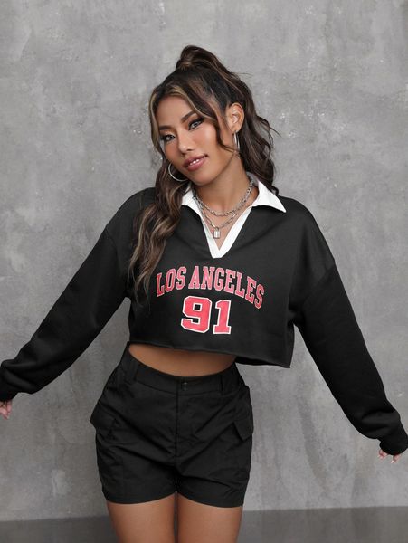 

letter graphic drop shoulder contrast collar sweatshirt j93f#, Black