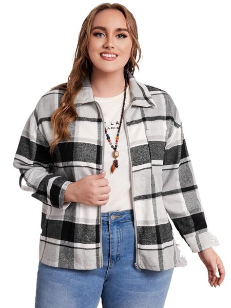 

plus plaid print zip front overcoat h9wt#, Black