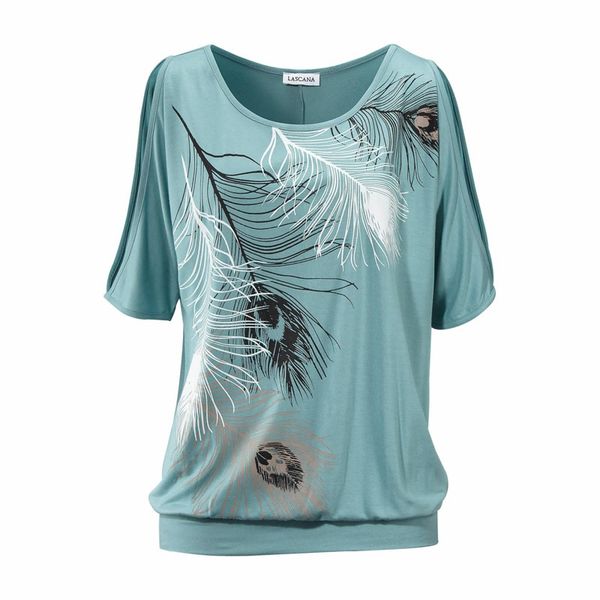 

women's t-shirt 2022 women summer feather print t shirt casual short sleeve o-neck loose tees off shoulder camiseta feminina, White
