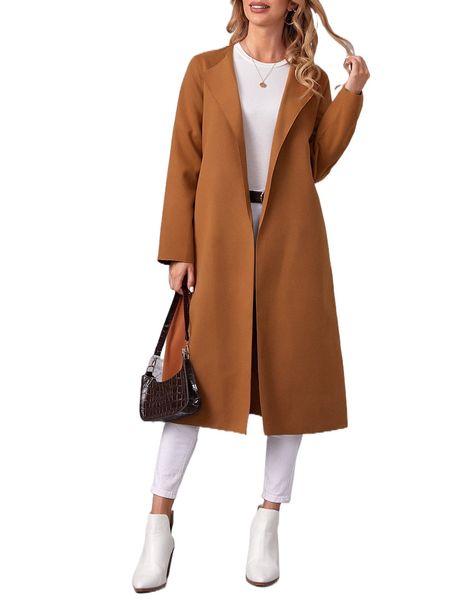 

solid open front midi overcoat s5ge#, Black