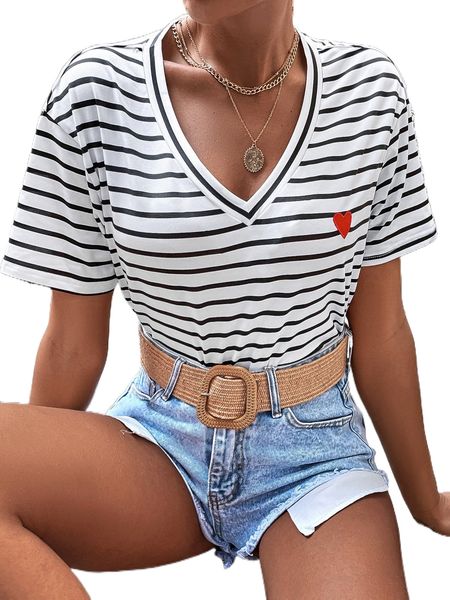 

heart print striped drop shoulder tee w7zd#, White