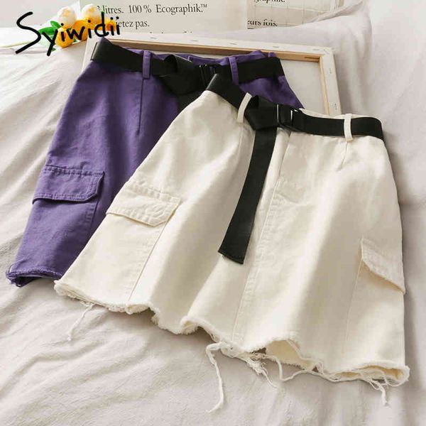 

sashes pockets high waist skirt women casual aline solid white black spring summer korean fashion mini skirts 210415