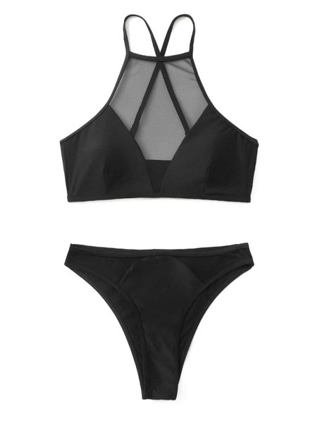 

contrast mesh criss cross bikini swimsuit n84w#, White;black