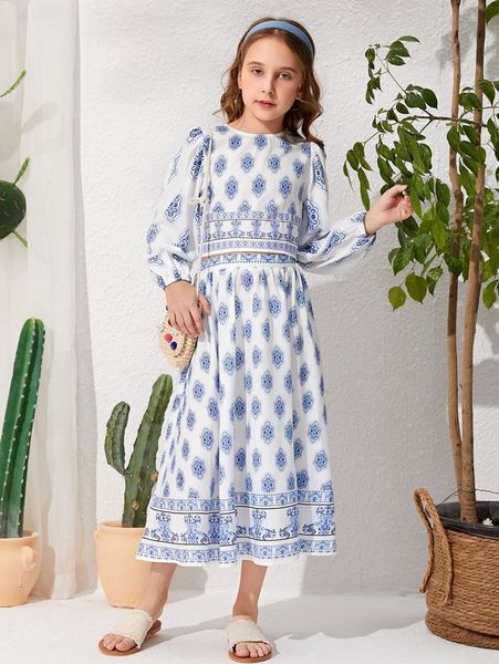 

girls geo print lantern sleeve & skirt set she, White