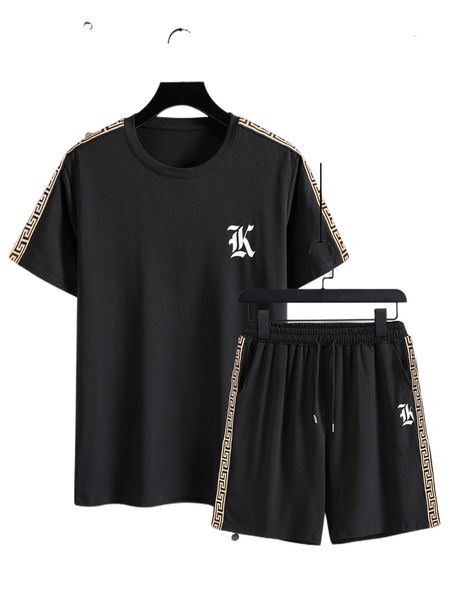

men letter graphic contrast side seam tee & shorts a4dm#, Gray