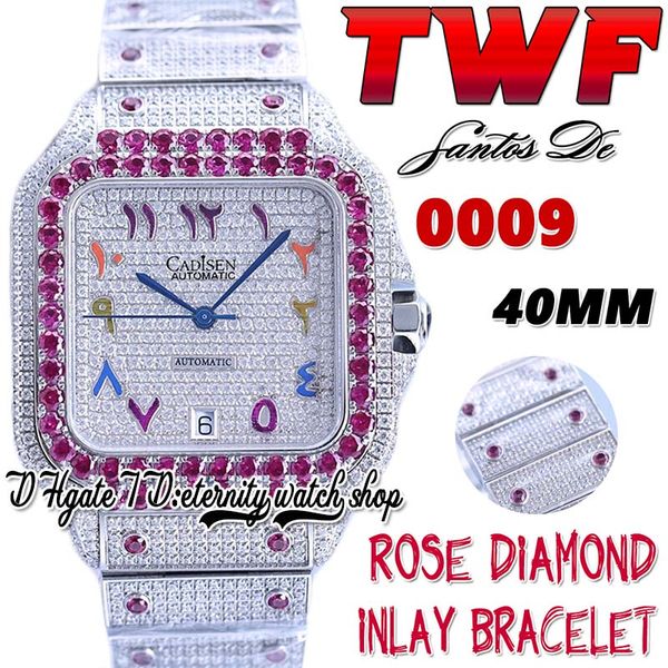 TWF tw0009 Japan Miyota Automatic Mens Watch Rose Big Diamonds Lunetta Quadrante con diamanti completamente ghiacciato Marcatori arabi arcobaleno Cinturino in acciaio Super Edition Orologi per l'eternità