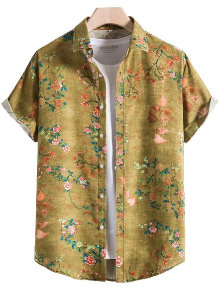 

men flower print button front shirt without tee 85sc#, White;black